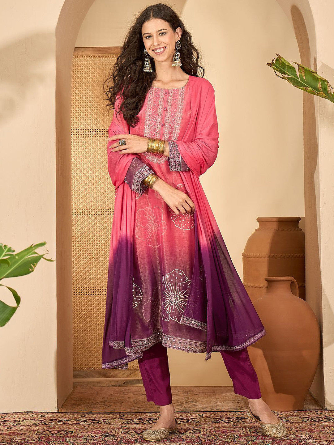 Women Embroidered Straight Kurta With Trouser & Dupatta