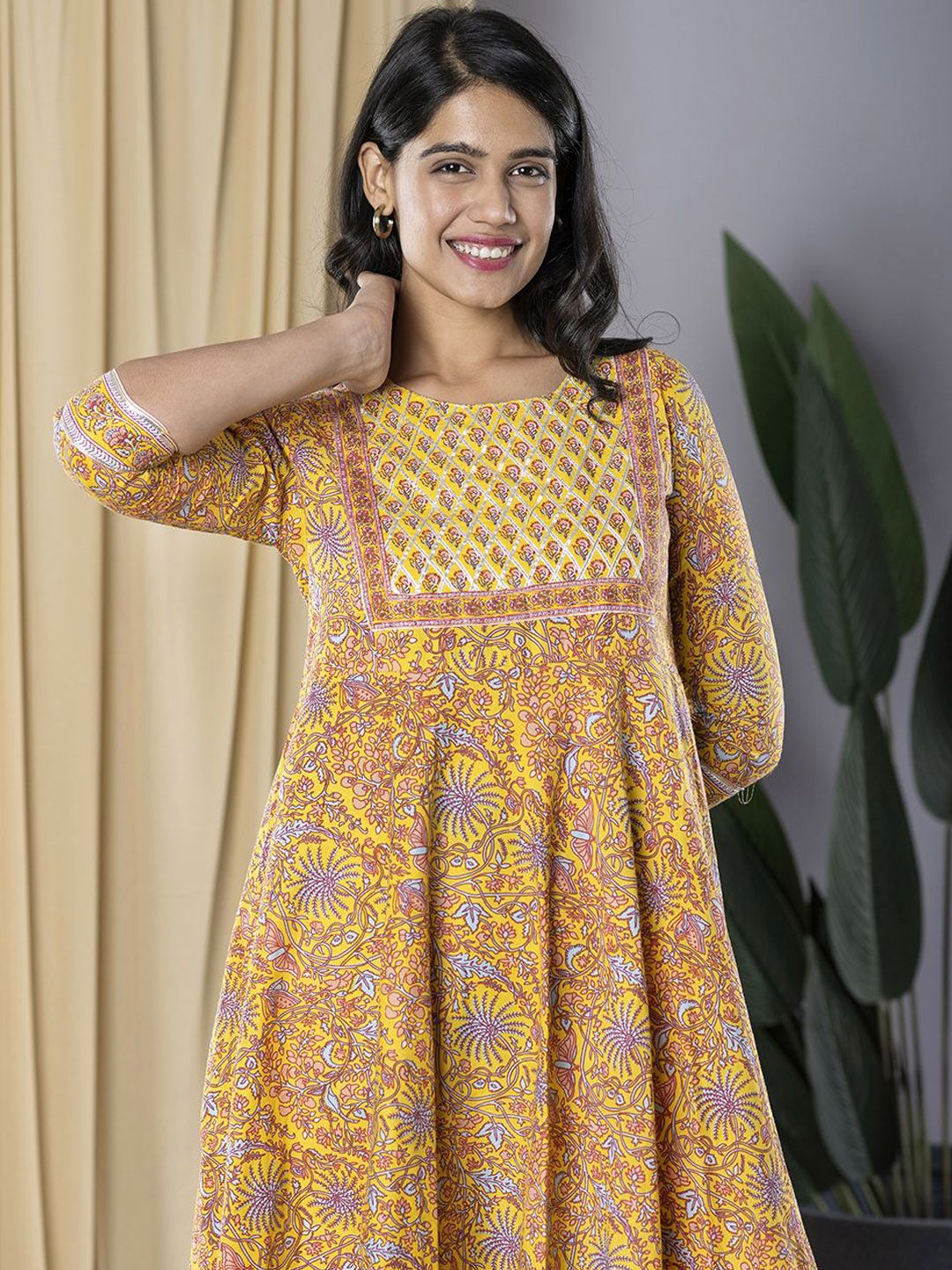 Dhiyona KL Floral Printed Pure Cotton Anarkali Kurta with Trousers & Dupatta