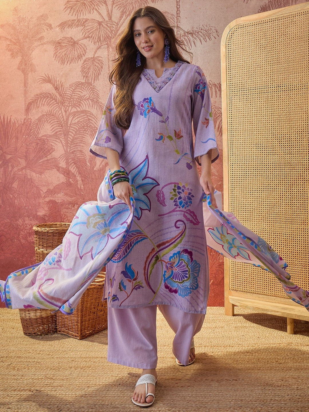 Floral Printed Round Neck Pure Cotton Kurta & Trousers With Dupatta