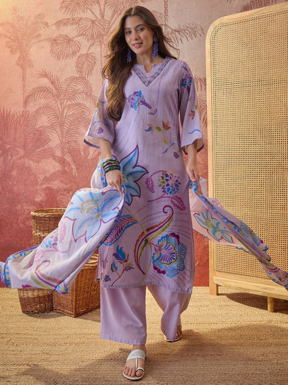 Floral Printed Round Neck Pure Cotton Kurta & Trousers With Dupatta