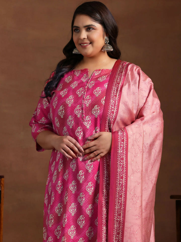 Women's LB Plus Size Pink Printed Silk Blend Straight Suit With Dupatta