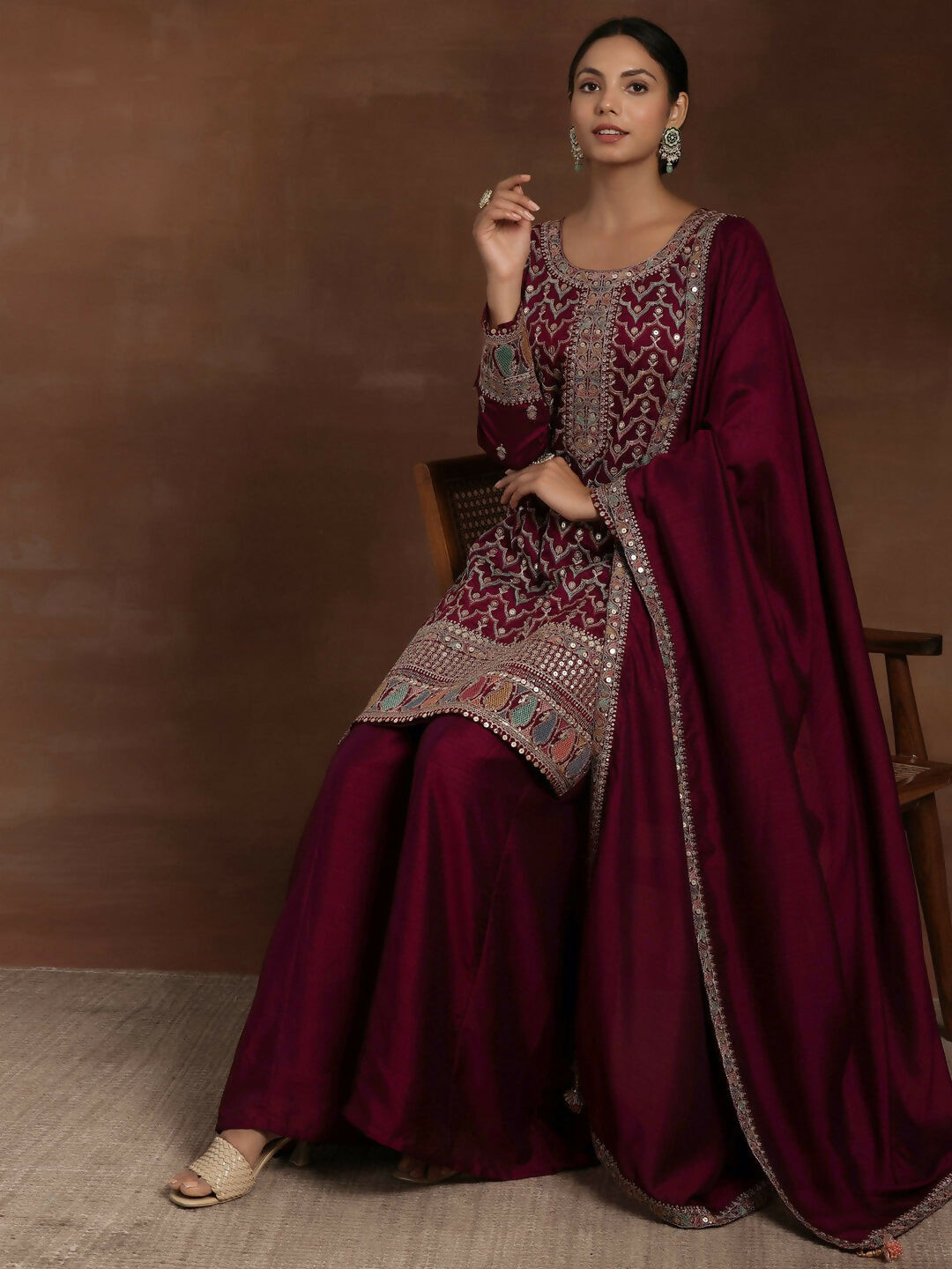 Women's LB Adaa Wine Embroidered Silk Blend Straight Kurta With Palazzos & Dupatta