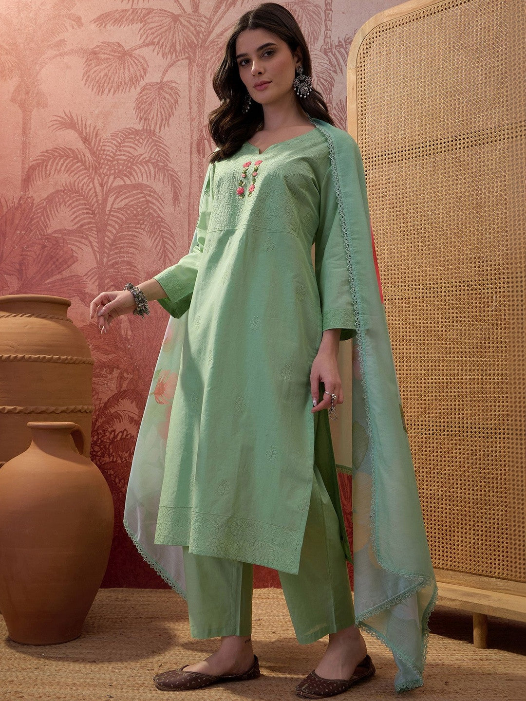 Printed Pure Cotton V Neck Kurta Sets