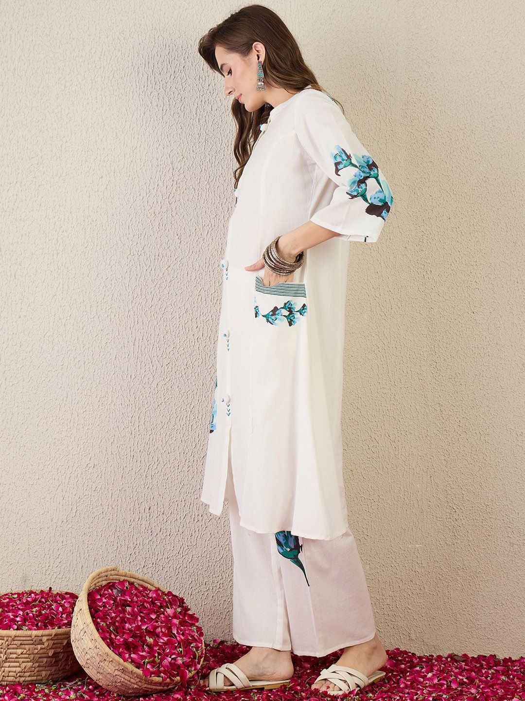 Floral Printed Mandarin Collar Pure Cotton A-Line Kurta With Trouser