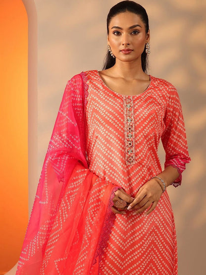 Women Leheriya Printed Regular Mirror Work Kurta with Palazzos & With Dupatta