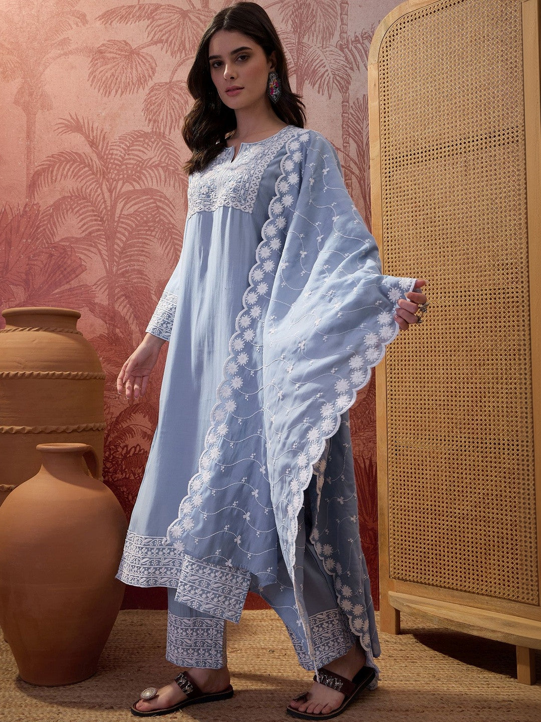 Embroidered V-Neck Kurta Trousers & Dupatta