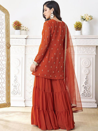 Dhiyona IN Floral Embroidered Thread Work Georgette A-Line Kurta With Sharara & Dupatta