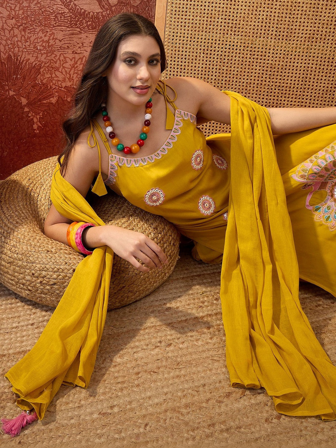 Embroidered Pure Cotton Shoulder Straps Kurta & Trousers With Dupatta