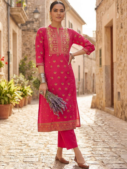 Women Ethnic Motifs Printed Regular Thread Work Pure Cotton Kurta with Trousers