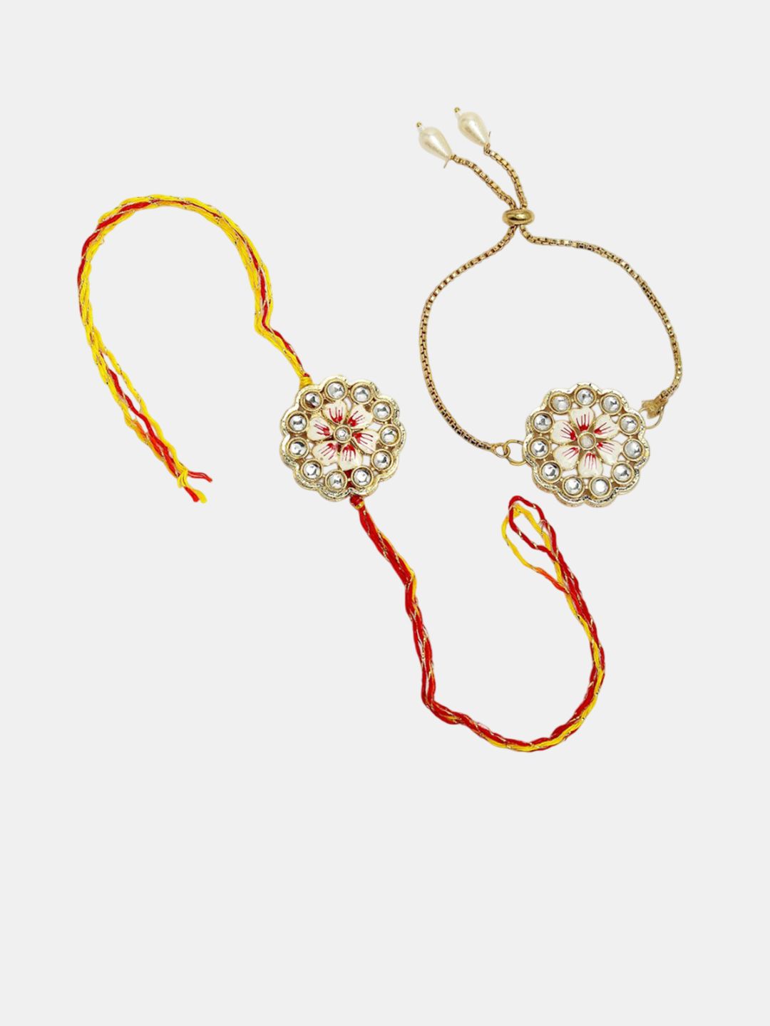 Dhiyona Kundan Studded & Beaded Floral Bhaiya Bhabhi Rakhi With Roli