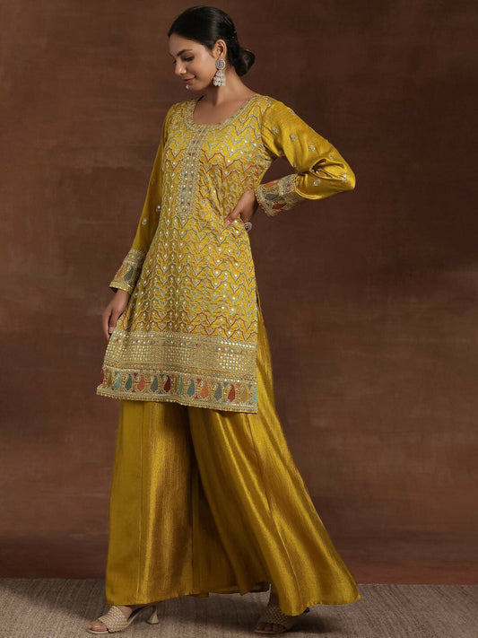 Women's LB Adaa Mustard Embroidered Silk Blend Straight Kurta With Palazzos & Dupatta