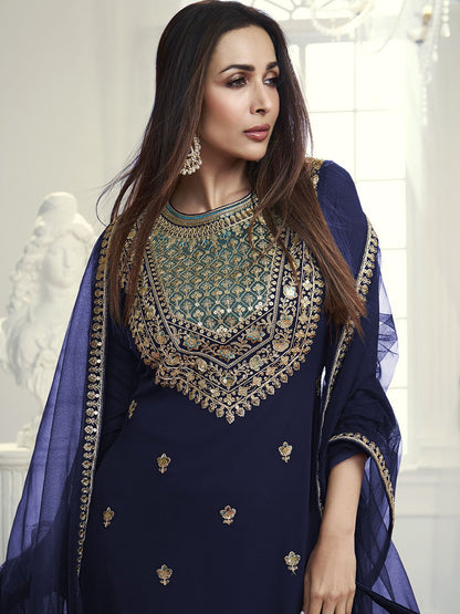 Dhiyona IN Navy Blue Floral Embroidered Sequinned Georgette Kurta with Palazzo & Dupatta