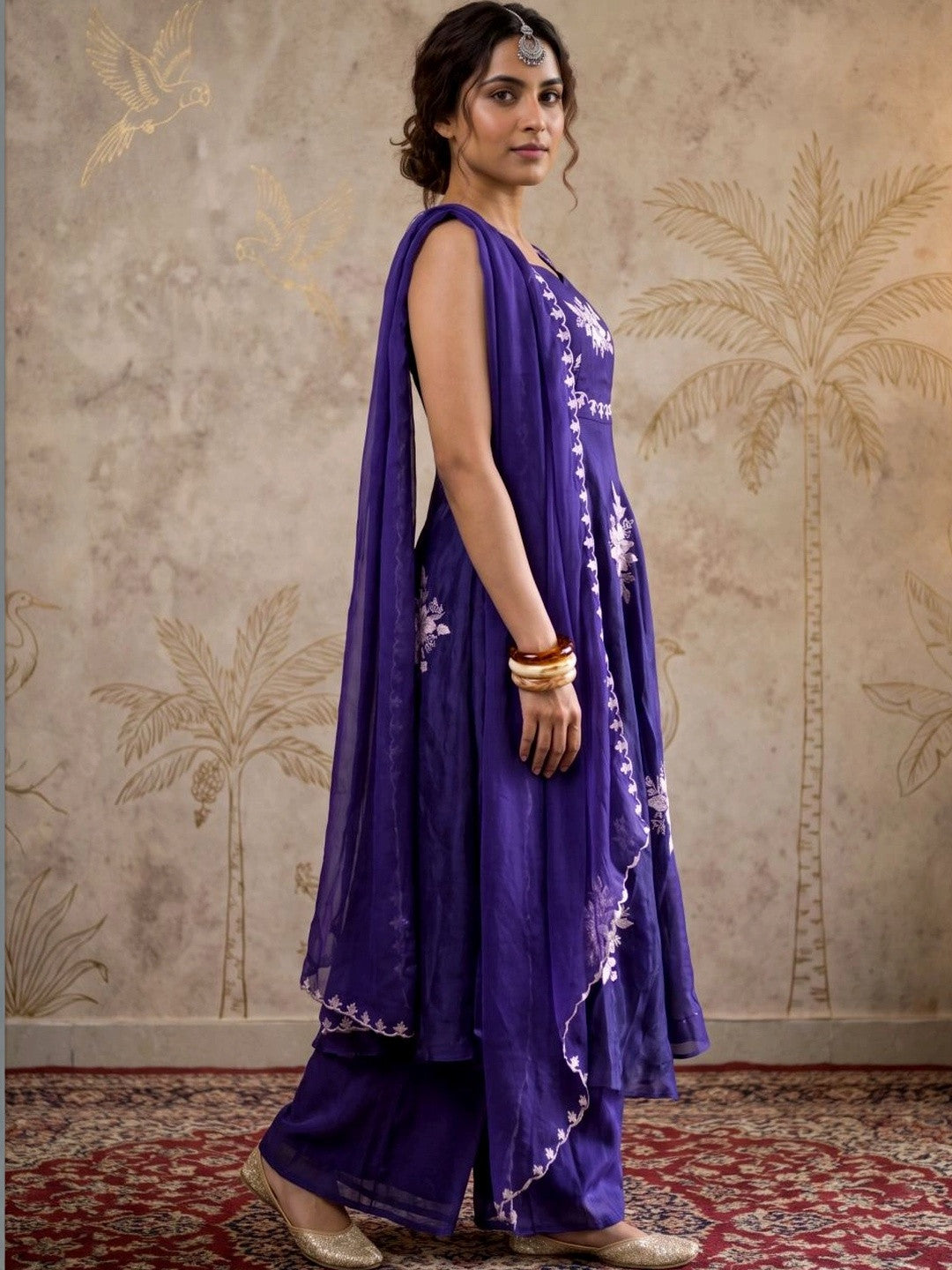 Women Floral Embroidered Tiered Thread Work Kurta with Palazzos & With Dupatta