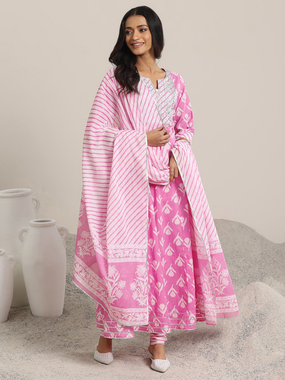 Women Ethnic Motifs Printed Panelled Thread Work Kurta with Churidar & With Dupatta