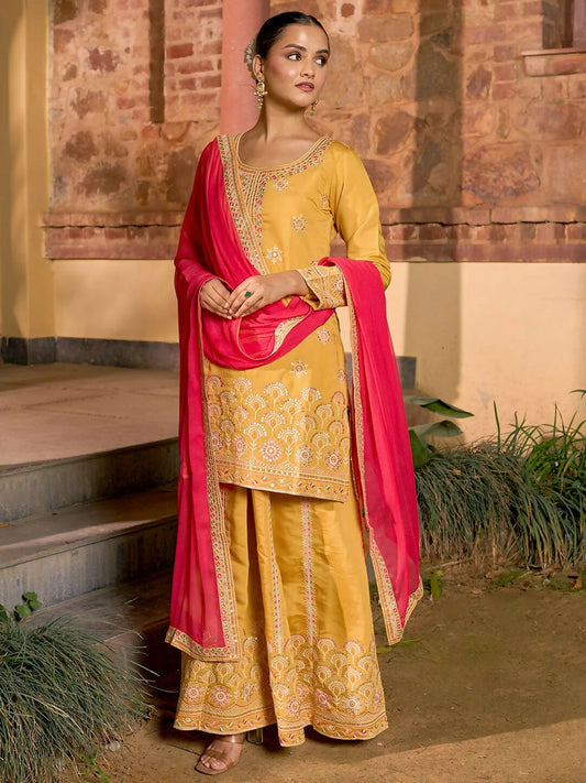 Women's LB Art Yellow Embroidered Silk Blend Straight Suit With Dupatta