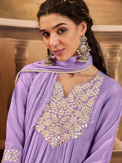 Dhiyona SN Women's Thread Embroidered With Mirror Work A-Line Kurta With Trousers & Dupatta