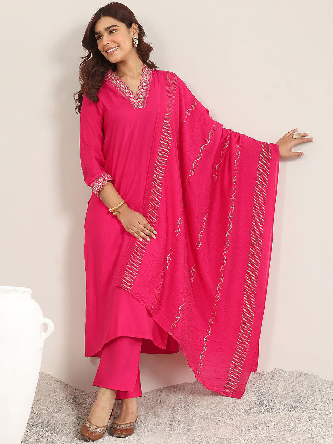 Yoke Design V Neck Kurta With Trousers & Dupatta
