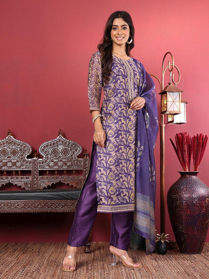 Purple Purple Floral Printed Beads and Stones Chanderi Silk Kurta with Trousers & Dupatta