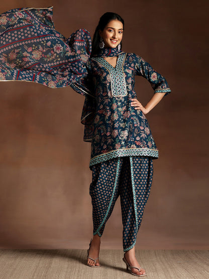 Women Floral Printed Regular Thread Work Kurti with Dhoti Pants & With Dupatta