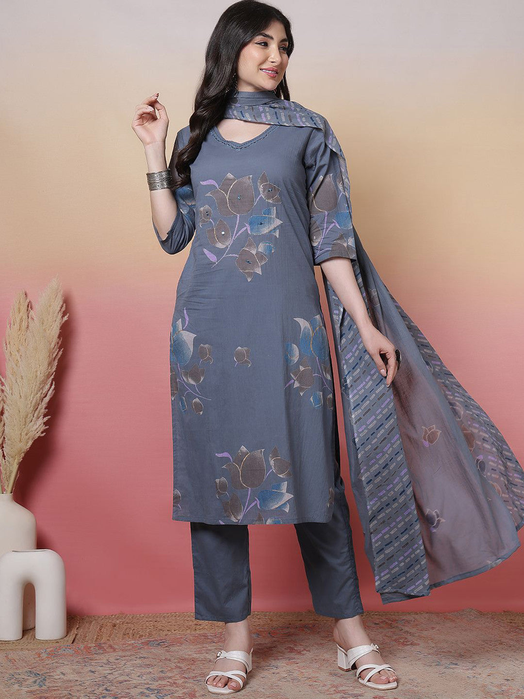 Dhiyona SN Floral Printed V-Neck Pure Cotton Straight Kurta With Trouser & Dupatta