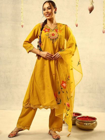Embroidered V-Neck Kurta & Trousers With Dupatta