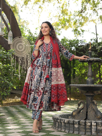 Dhiyona RR Women's Ethnic Motifs Printed Pure Cotton Kurta with Trousers & Dupatta