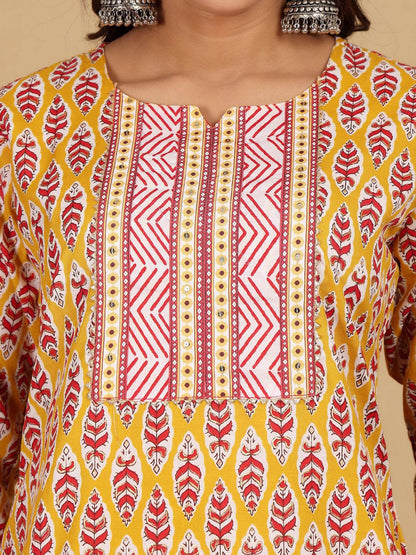 Yellow Floral Printed Notch Neck Straight Kurta With Salwar And Dupatta