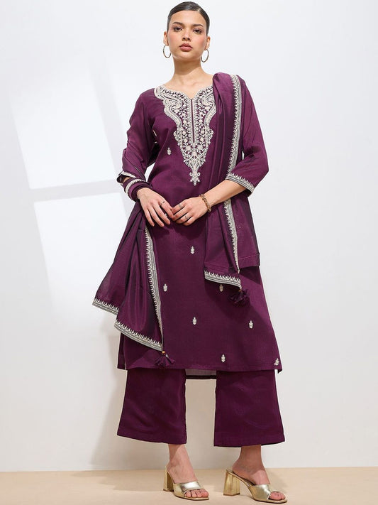 Dhiyona KL Women Ethnic Motifs Embroidered Regular Thread Work Kurta with Palazzos & With Dupatta