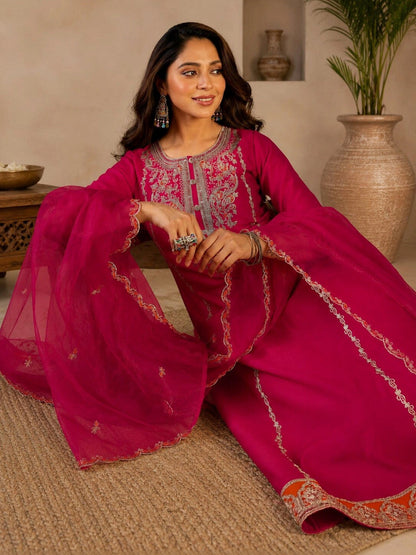 Women Ethnic Motifs Embroidered Regular Thread Work Kurta with Trousers & With Dupatta