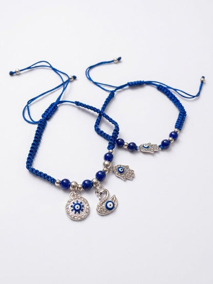 Dhiyona Set Of 2 Blue & Silver Evil Eye Design Bhaiya Bhabhi Rakhi With Roli Chawal Chandan