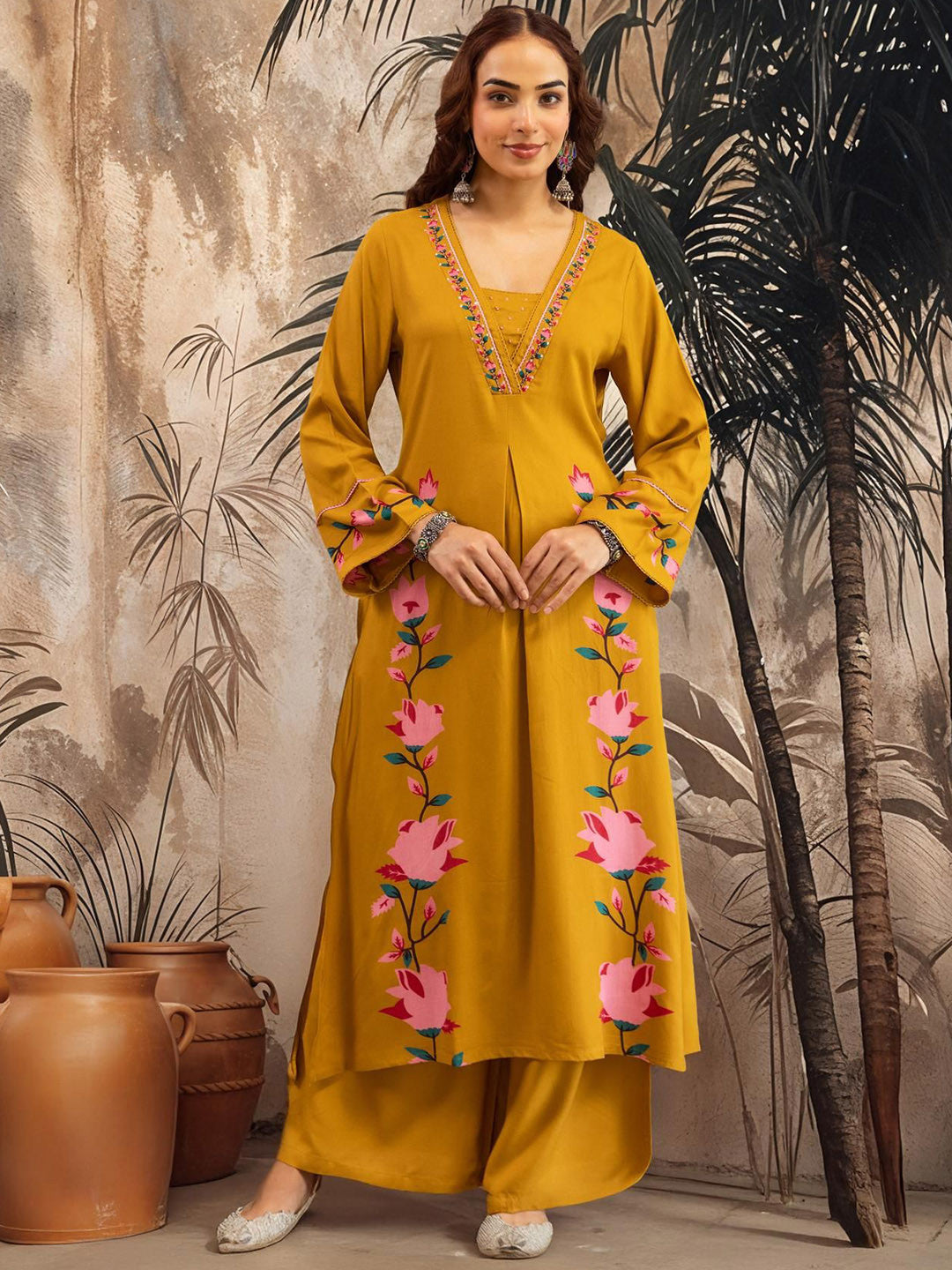 Dhiyona SN Floral Printed Square Neck Sequinned Straight Kurta With Palazzos