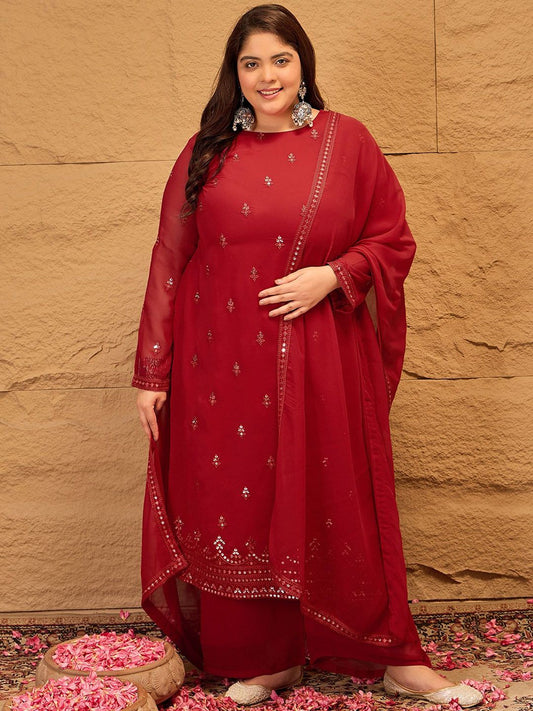 Dhiyona IN Ethnic Motifs Embroidered Sequinned Georgette Kurta with Trousers & Dupatta