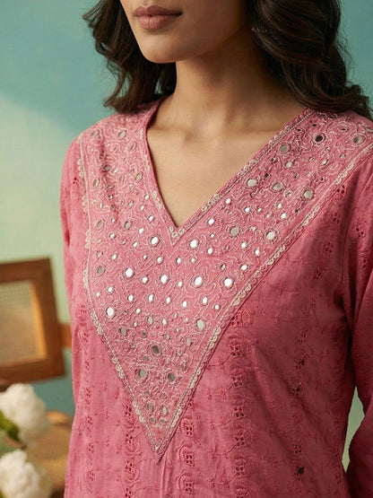 Dhiyona CH Women Ethnic Motifs Embroidered Regular Mirror Work Kurta with Trousers