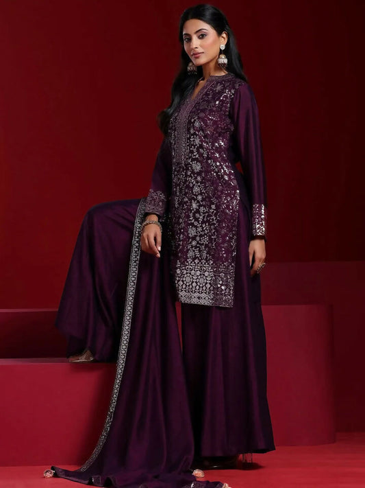 Women's LB Art Wine Embroidered Silk Blend Straight Suit With Dupatta