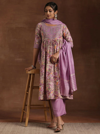 Women's LB Purple Printed Silk Blend A-Line Kurta With Trousers & Dupatta