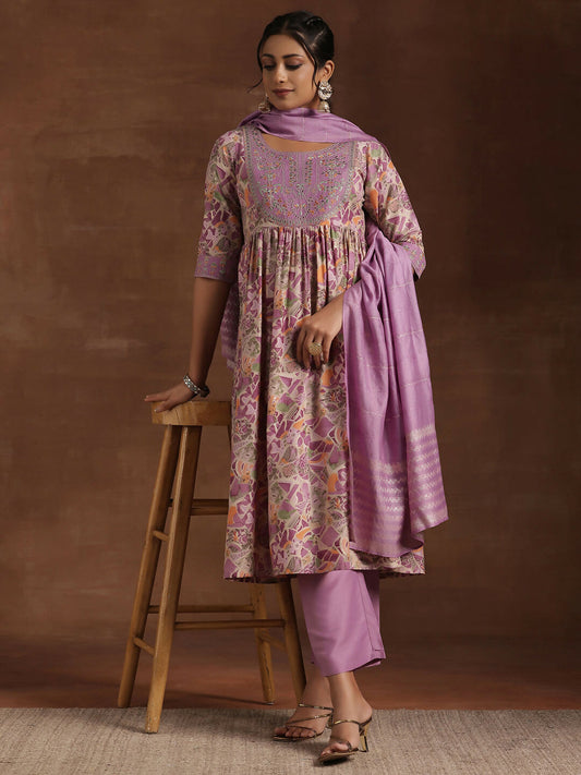 Women's LB Purple Printed Silk Blend A-Line Kurta With Trousers & Dupatta