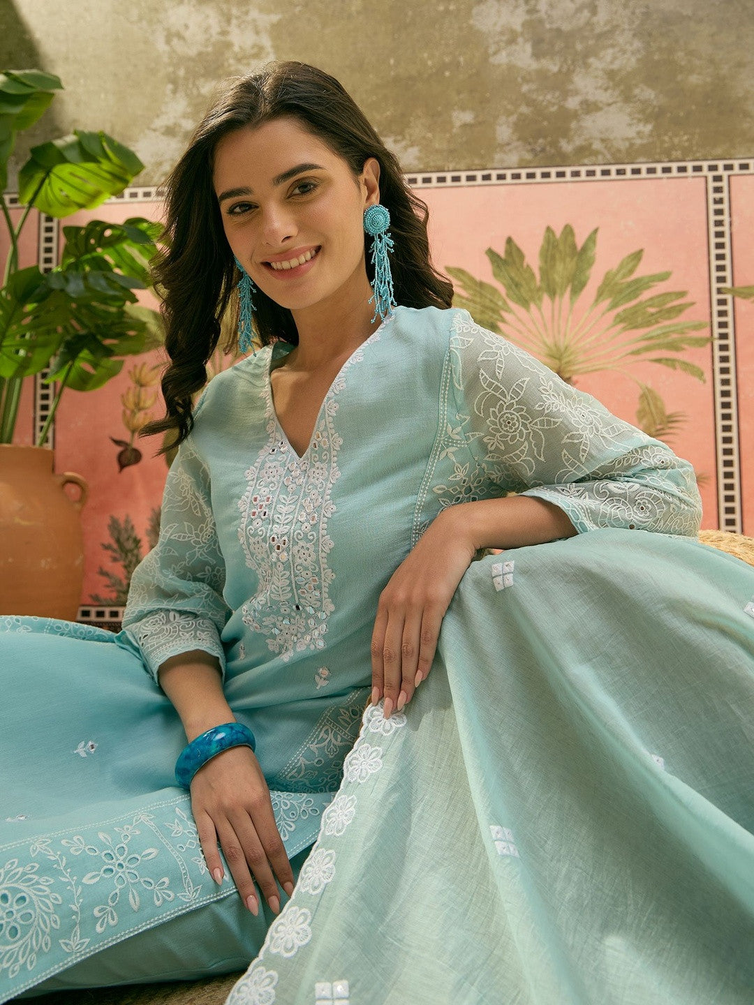 Women Ethnic Motifs Embroidered Regular Mirror Work Pure Cotton Kurta with Trousers & With Dupatta