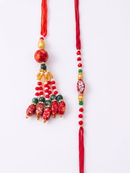 Dhiyona Set Of 2 Designer Red Artificial Beads Bhaiya Bhabhi Rakhi With Roli Chawal Chandan