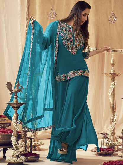 Dhiyona IN Turquoise Blue Floral Embroidered Notch Neck Georgette Kurti with Palazzo & Dupatta