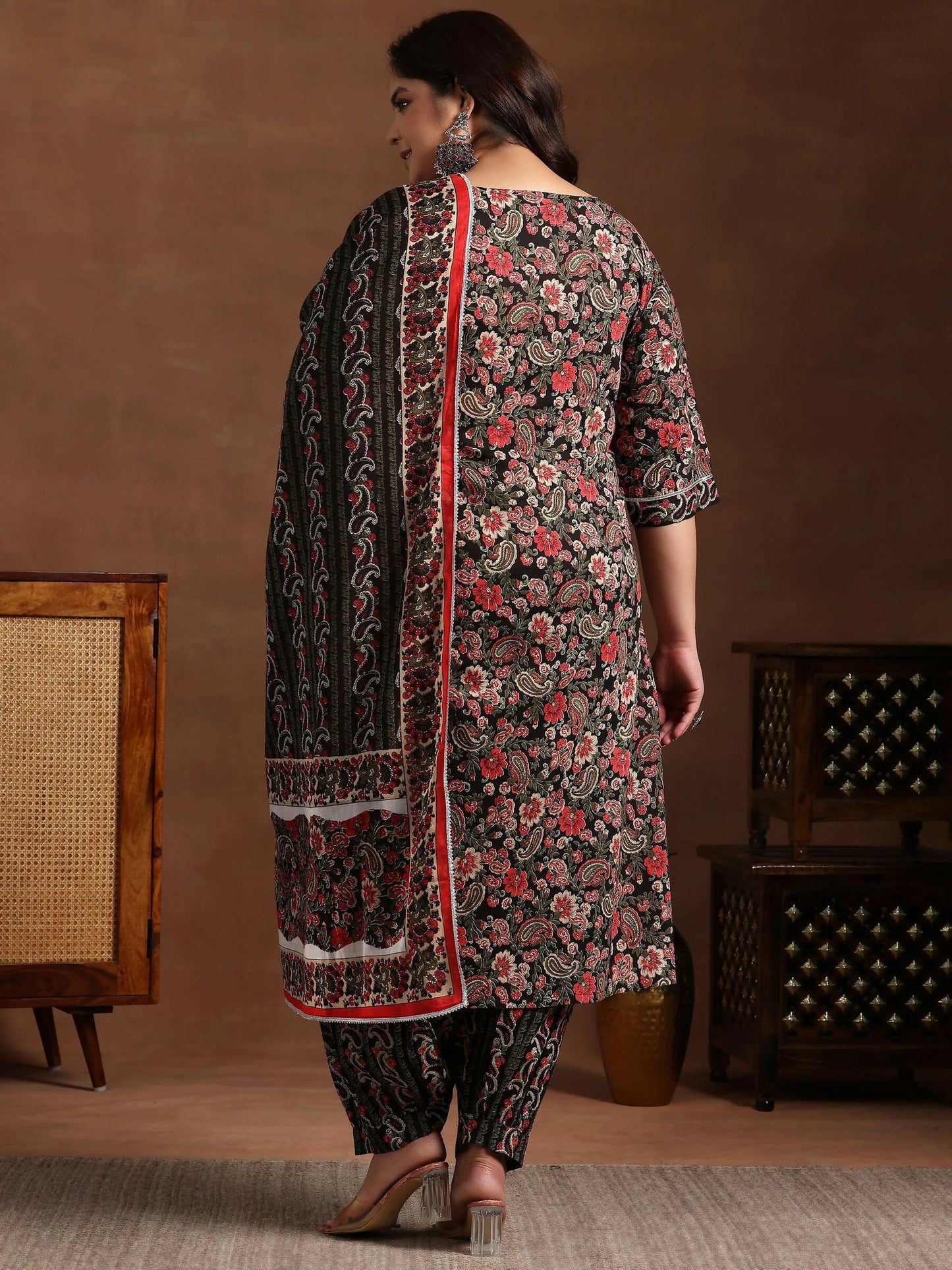 Women's LB Plus Size Black Printed Cotton Straight Suit With Dupatta