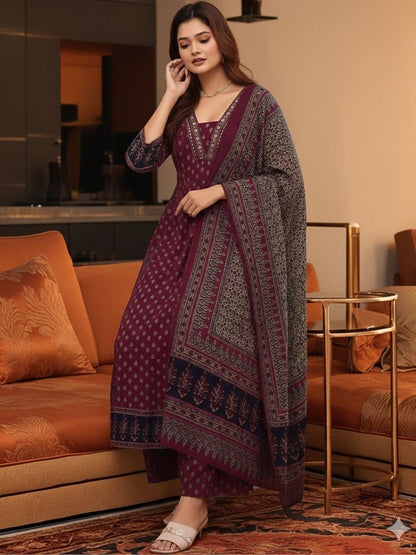 Dhiyona KL Women Ethnic Motifs Printed Regular Kurta with Trousers & With Dupatta