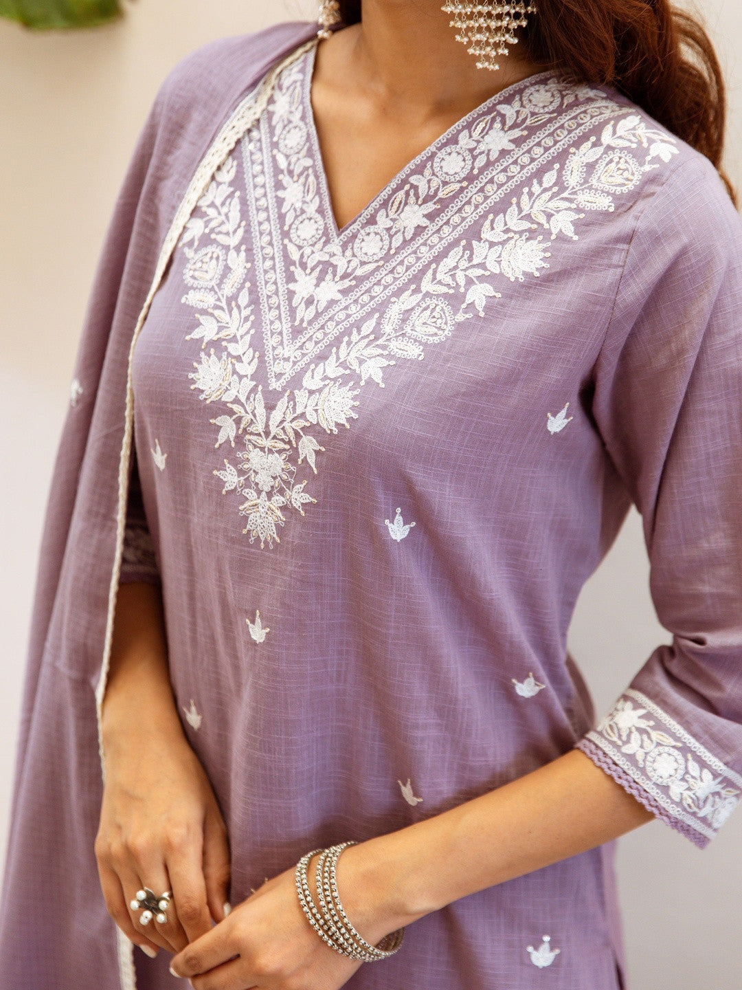 Embroidered Straight Kurta With Trousers & Dupatta