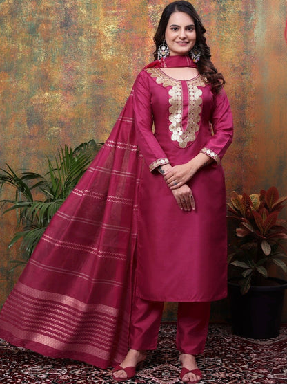Women Ethnic Motifs Embroidered Regular Kurta with Trousers & With Dupatta