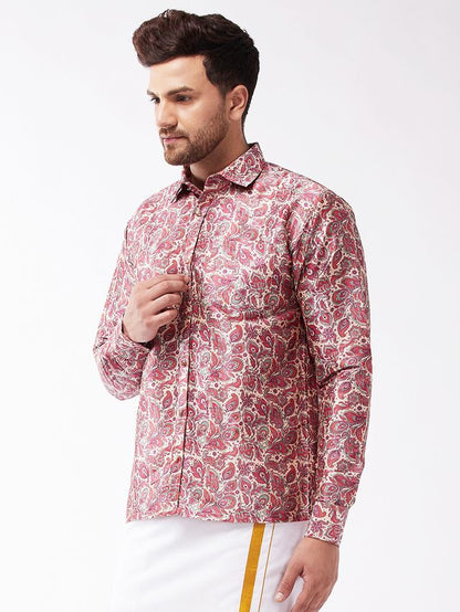 Men's MulticolorBasePink Silk Blend Straight Ethnic Shirt