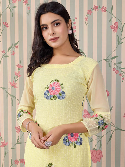 Dhiyona OD  Floral Embroidered Thread Work Floral Georgette Straight Kurta