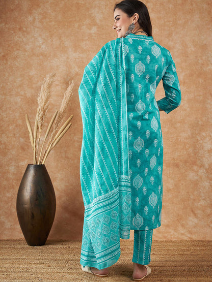 Ethnic Motifs Printed Pure Cotton Kurta With Trousers & Dupatta