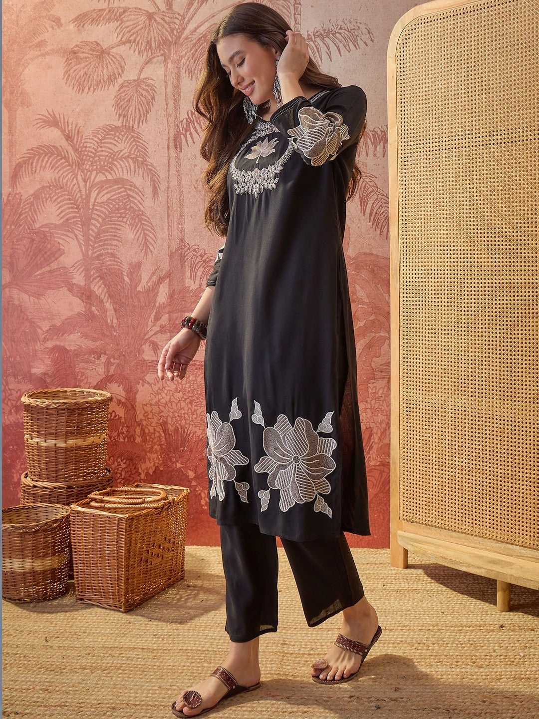 Embroidered Pure Cotton Round Neck Kurta & Trousers With Dupatta