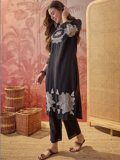 Embroidered Pure Cotton Round Neck Kurta & Trousers With Dupatta
