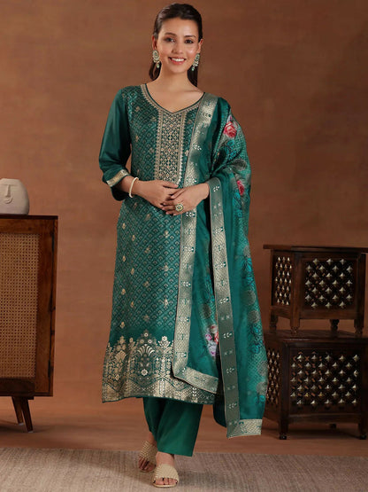 Women's LB Teal Printed Silk Blend Straight Suit With Dupatta