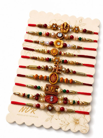 Dhiyona Set Of 10 Artificial Stones & Beads Thread Rakhi With Roli Chawal Chandan Mishri